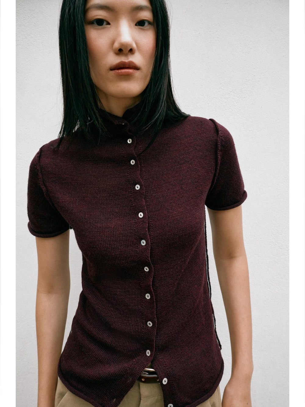 Zara Burgundy Funnel Neck Short Sleeve Knit Cardigan Size M NWT